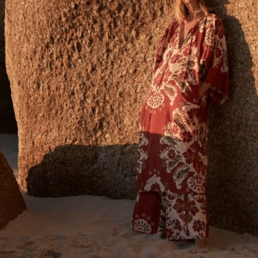 Zara Linen Blend Resort Set Printed Wide Leg Pants XL Tunic Dress M/L Boho